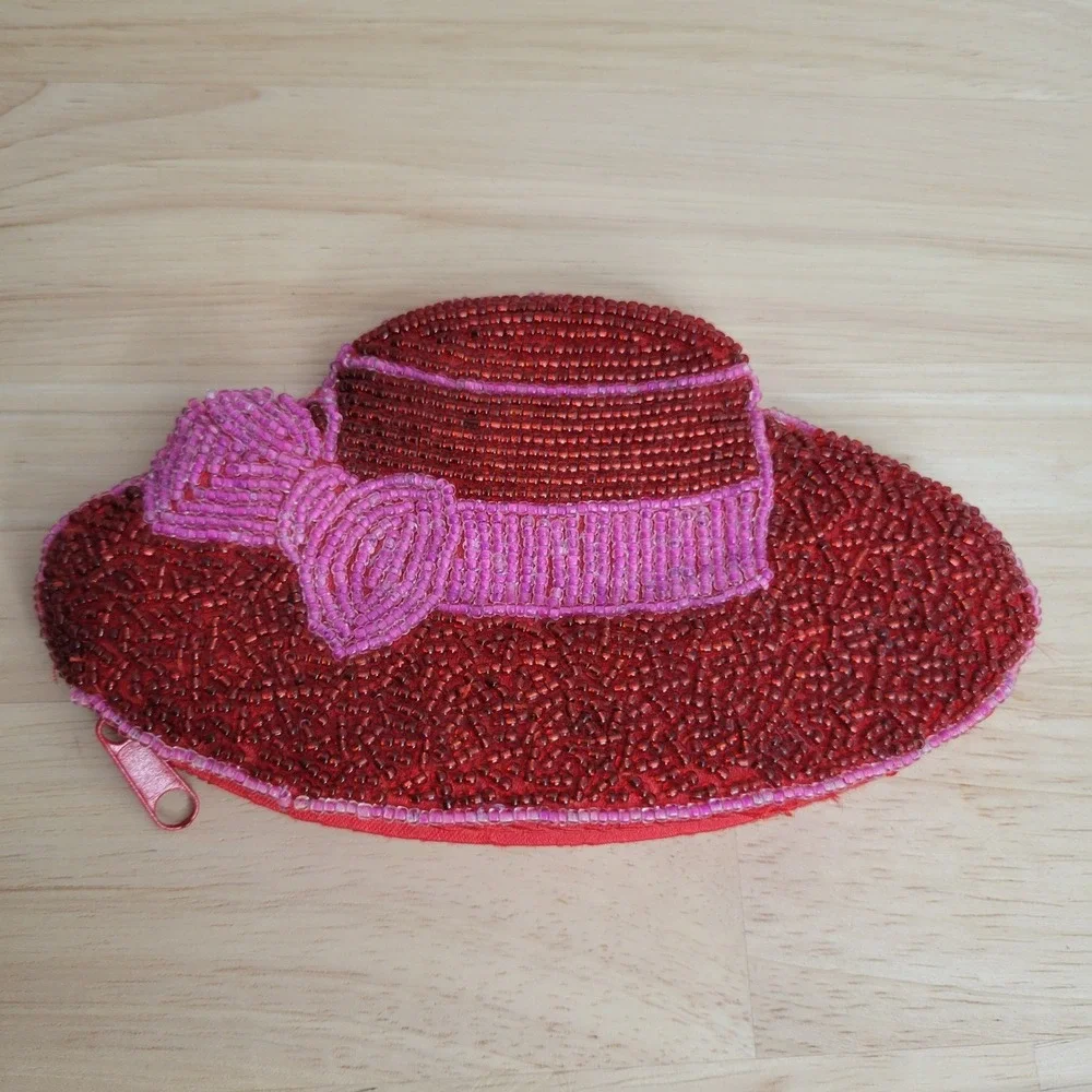 Red Beaded Coin Purse Fashionable Hat Small Bag Red Hat Society Gift Pink Ribbon